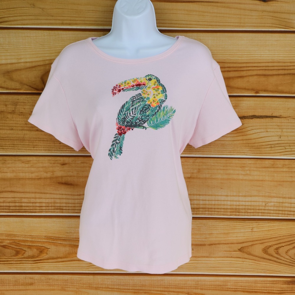 Croft & Barrow Toucan T-Shirt Womens XL Light Pink Glitter 100% Cotton Stretch